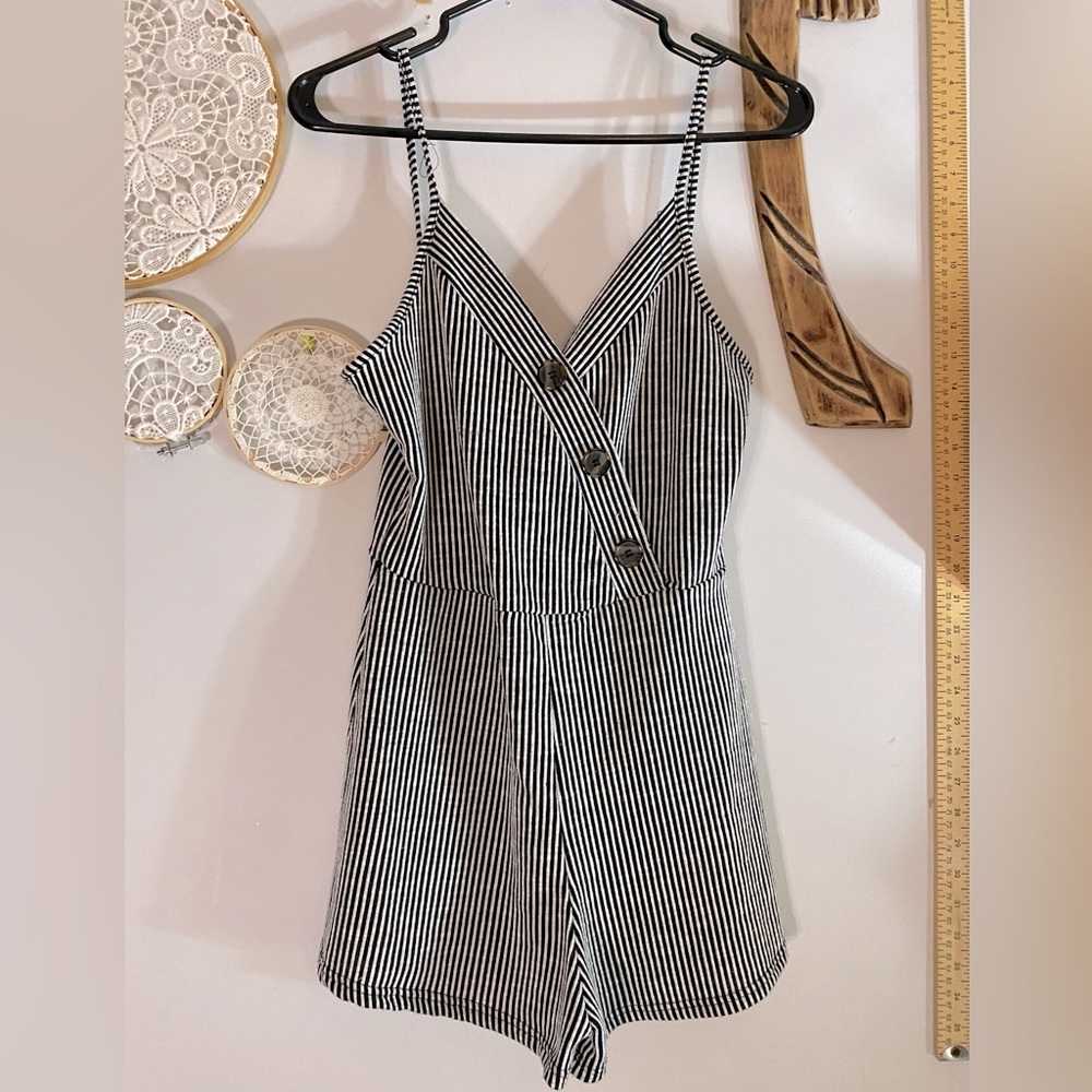 ONE-PEICE Striped Nautical Romper with Crisscross Camisole top and Button Detail